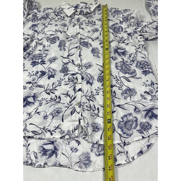 Cynthia Rowley Linen Blouse Top L Blue White Floral Roll Tab Sleeves Art to Wear - Picture 10 of 11